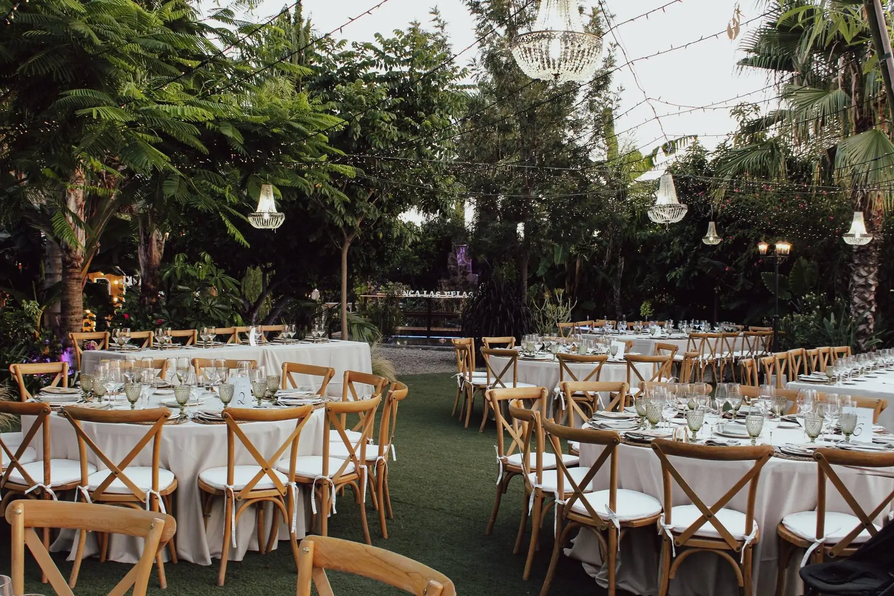 Mesas redondas puestas para el banquete en el jardín, entre árboles y guirnaldas